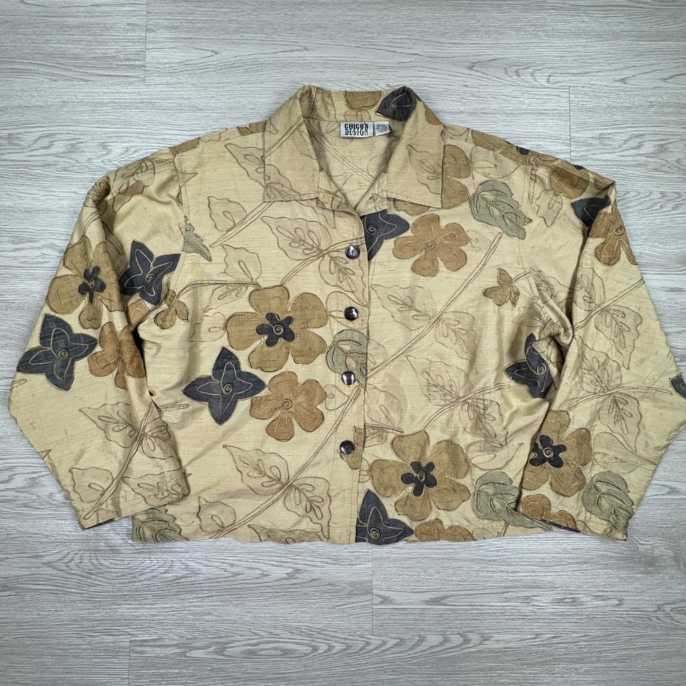 Chico's Design Women's Silk Jacket Floral Embroidered Tan Size 3 Large Button Up